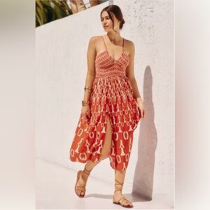Anthropologie Smocked Midi Dress Red and Cream Geometric Print Size:Large NWT